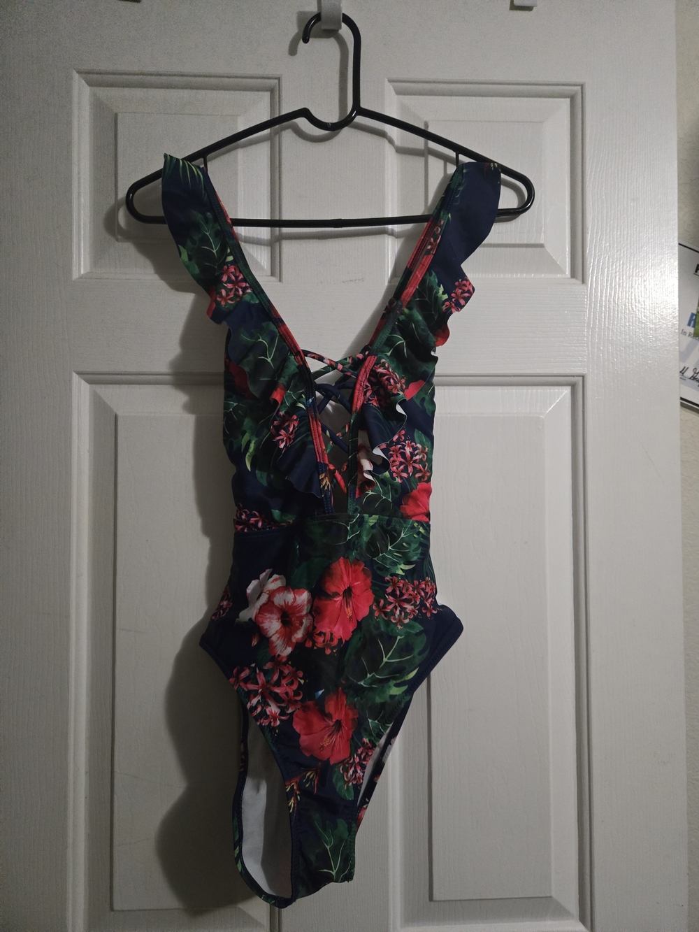 Tropical Floral Ruffle One-Piece Swimsuit - Navy with Red & Green Print